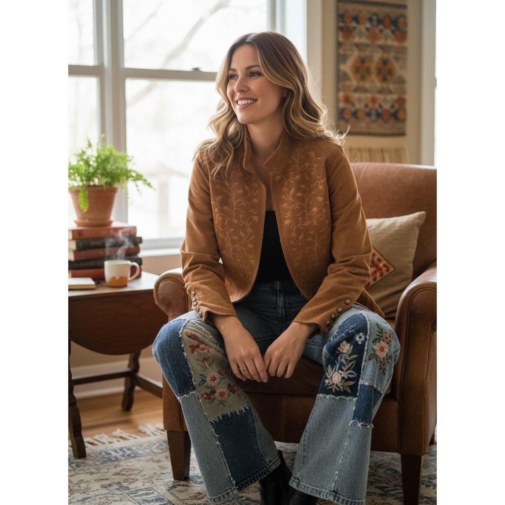 Y2K Prosper & Devine Brown Leather Suede Jacket Floral Embroidered Womens Sz L